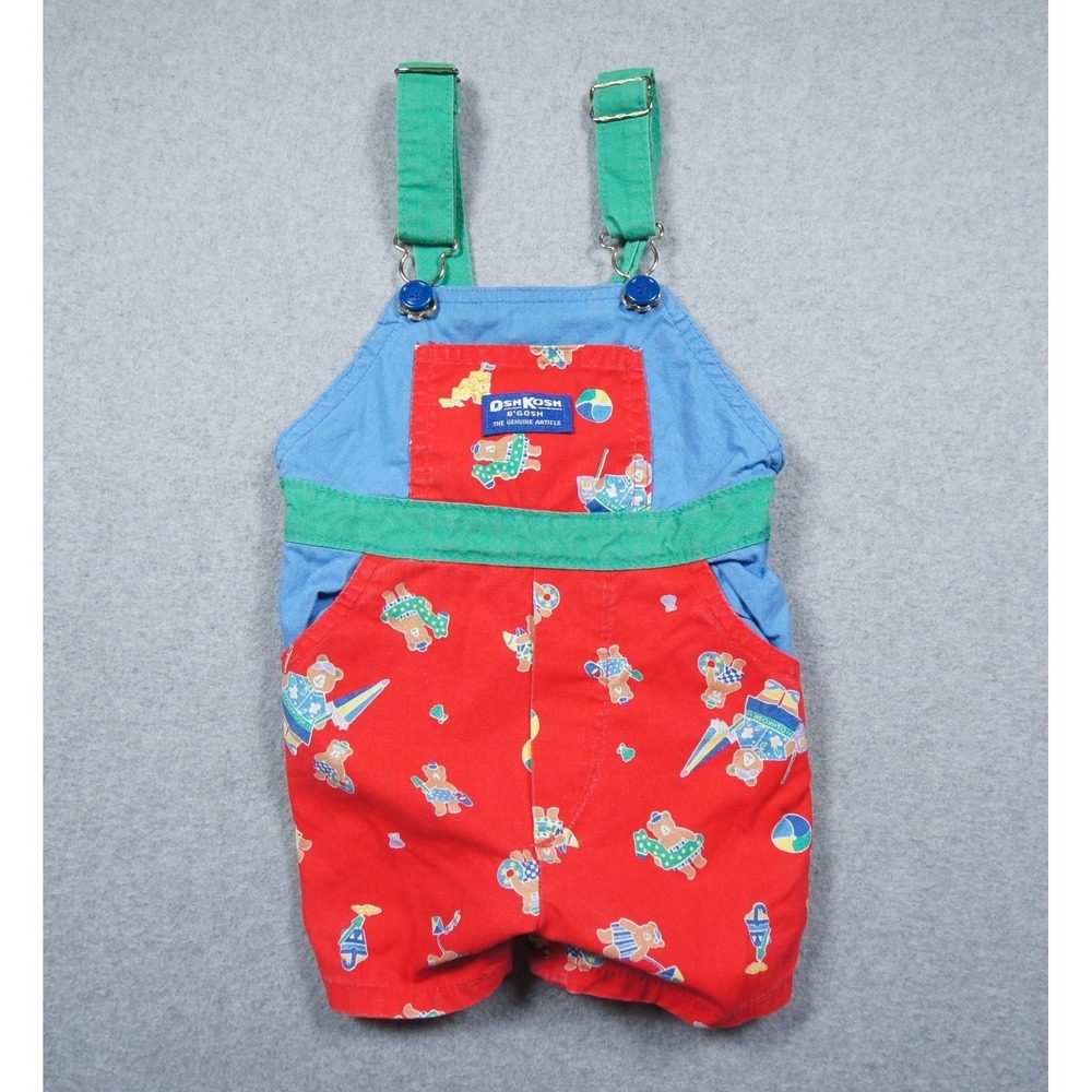Vintage Oshkosh B'gosh Overalls Baby 24M Red USA Made Teddy Bears Colorblock